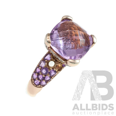 Rose Sterling Silver Rose De France Amethyst & Diamond Ring, TDW 0.25ct/A 7.59ct, Size T, 6.33 Grams