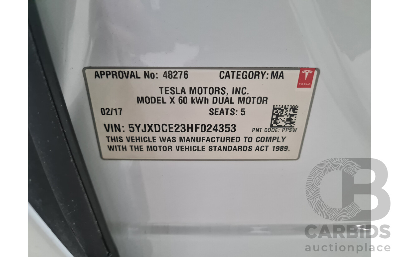 02/2017 Tesla Model X 60D (AWD) 4d Wagon Pearl White Dedicated Electric EV