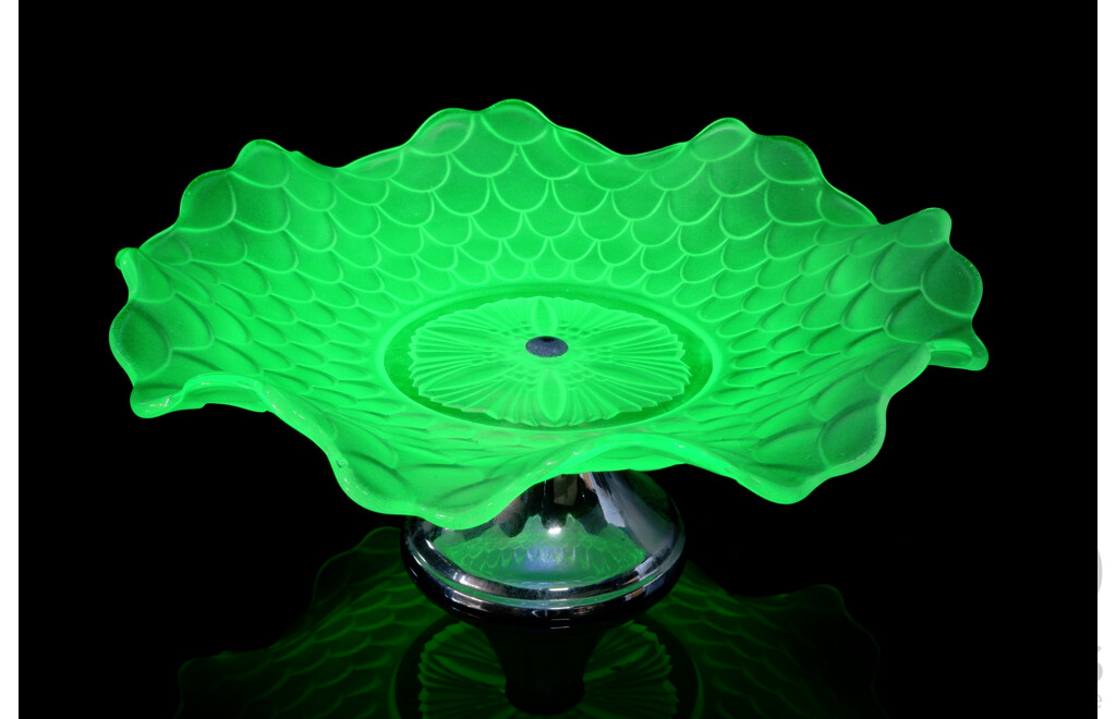 Vintage Uranium Glass Cake Stand with Scaled Pattern and Fluted RIm