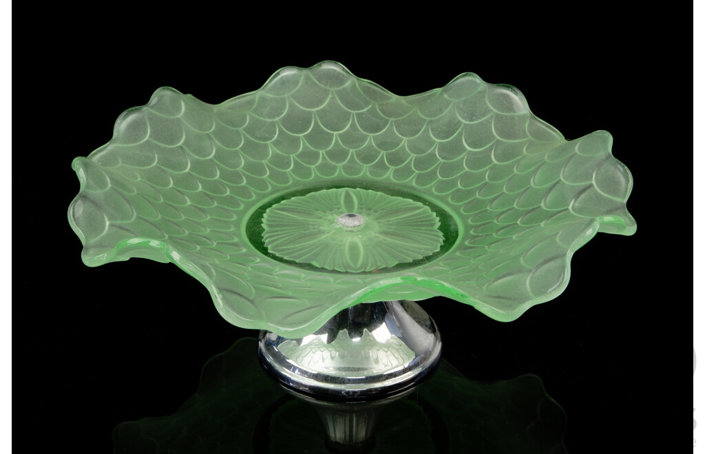 Vintage Uranium Glass Cake Stand with Scaled Pattern and Fluted RIm