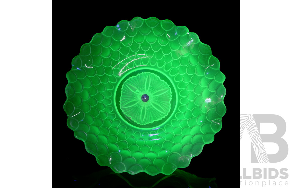 Vintage Uranium Glass Cake Stand with Scaled Pattern and Fluted RIm