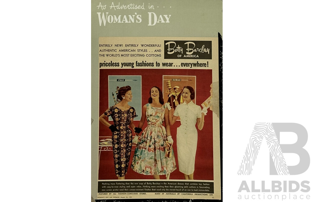 Vintage Woman's Day Print Fashion Advertisement, Betty Barclary of America, Colour Print on Card,  August 26th, 1957, 43 x 29  Cm