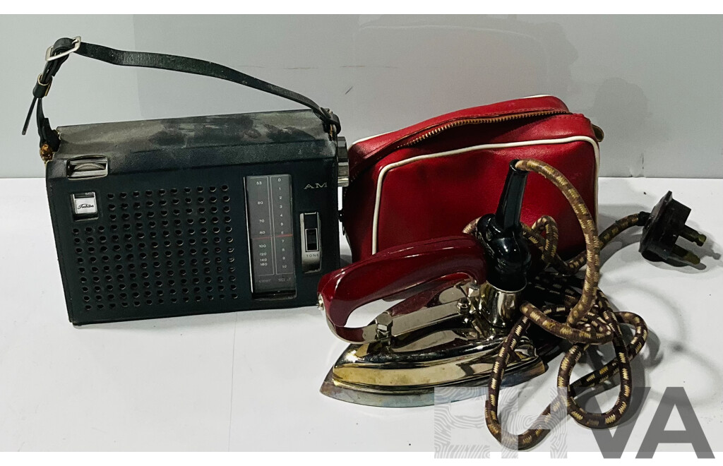 Vintage Toshiba Handheld Radio Alongside Southern Cross Essco Electric Travel Iron in Zip Up Vinyl Case
