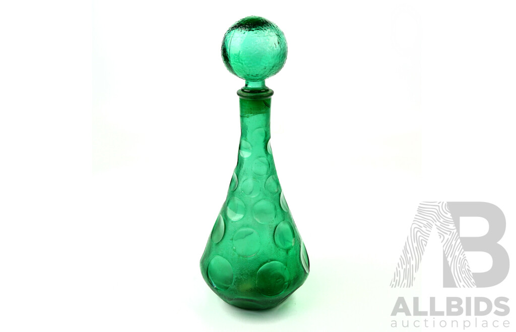 Retro Italian Made Empoli Style Dimpled Green Glass Decanter with Stopper