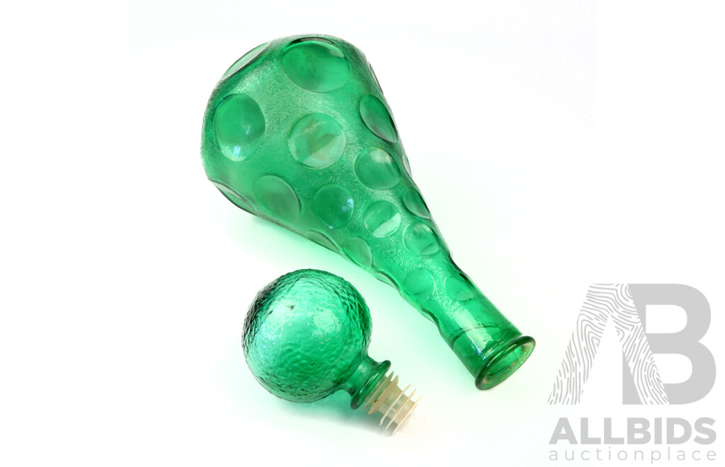 Retro Italian Made Empoli Style Dimpled Green Glass Decanter with Stopper