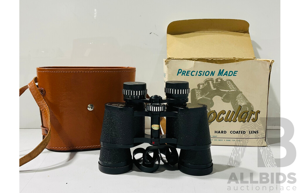 Vintage Precision Made Hard Coated Lens Accura Binoculars with Leather Carry Case and in Original Box