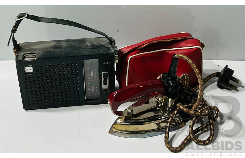 Vintage Toshiba Handheld Radio Alongside Southern Cross Essco Electric Travel Iron in Zip Up Vinyl Case
