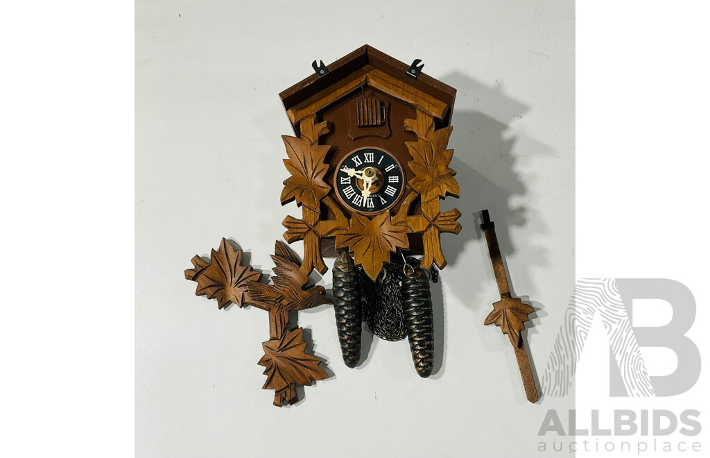 Vintage German Cuckoo Wall Clock with Carved Timber Leaves and Pine Cone Weights