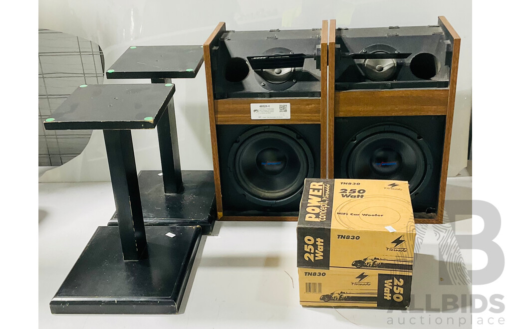 Collection of Vintage Speakers Including Pair of BOSE Direct/reflecting Speakers, Stands and More