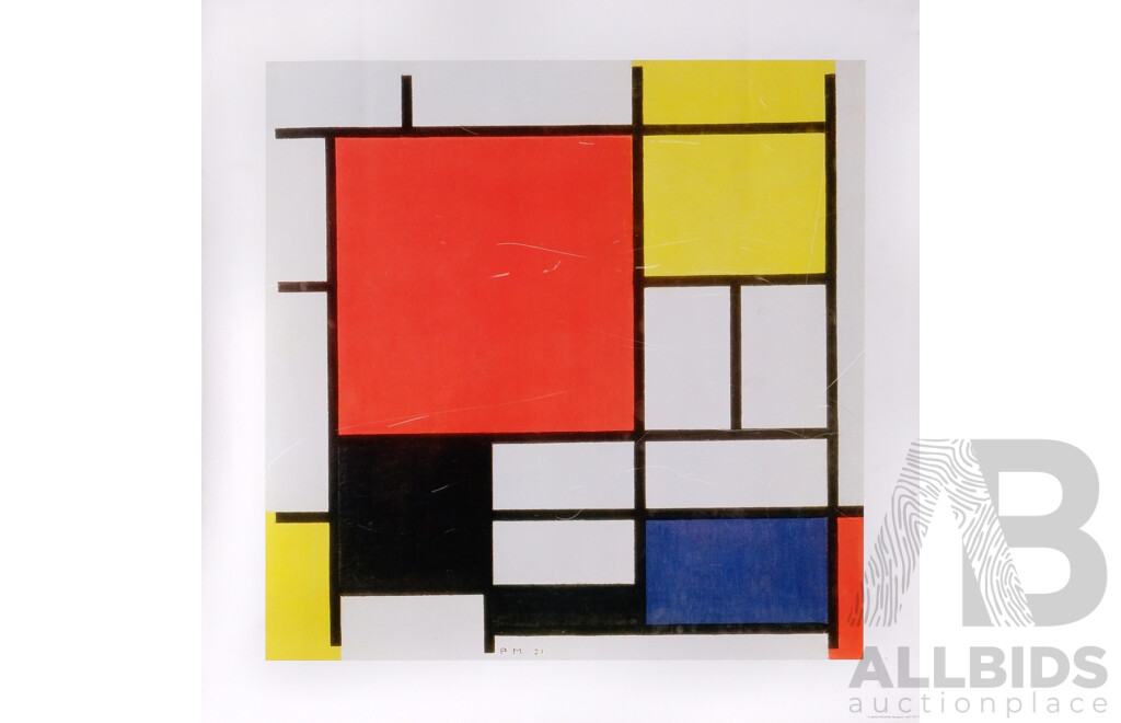 Piet Mondrian, (19th Century, Dutch,1872-1942), Card Copy of the Original Oil on Canvas Composition with Red, Yellow, Blue, and Black 1921, Alongside Length of Vintage Wallpaper (2)