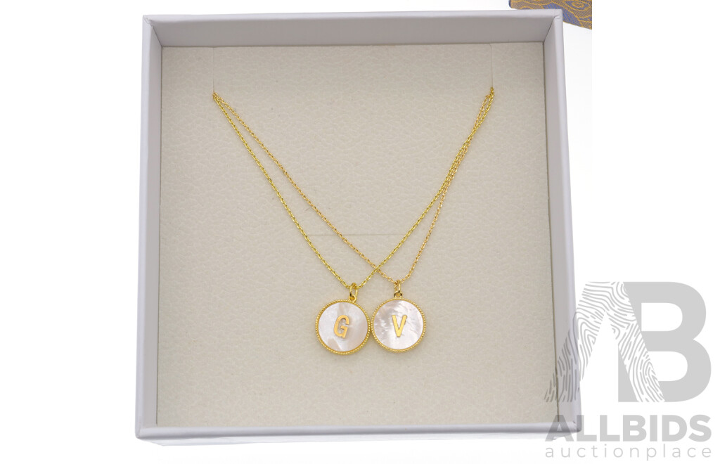 YST Gold Plated Mother of MOP 'G' & 'V' Initial Pendants and Ceramic Flower Pendants on Chains, New