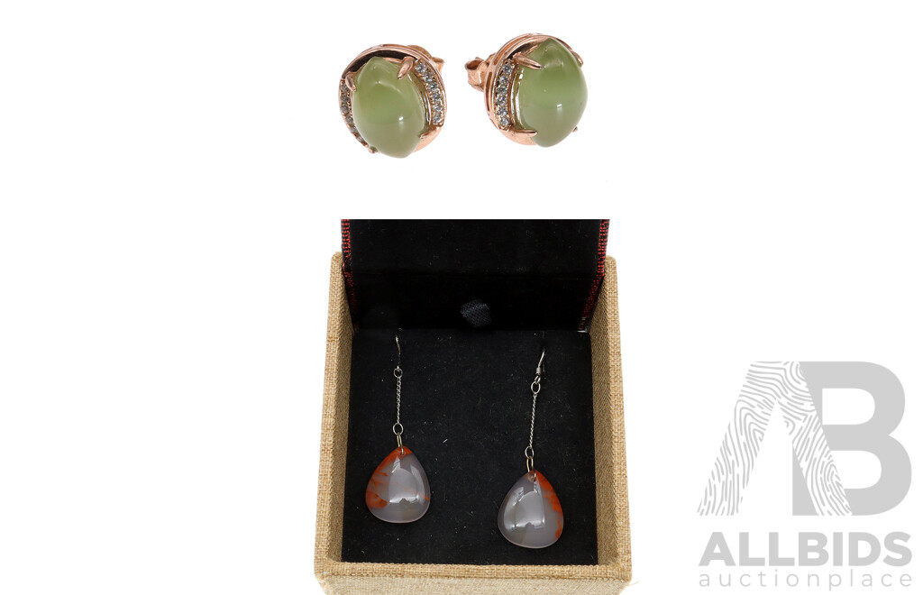 Rose Gold Plated SS Green Moonstone & CZ Stud Earrings and Sterling Silver Agate Drop Earrings - NEW in Presentation Boxes