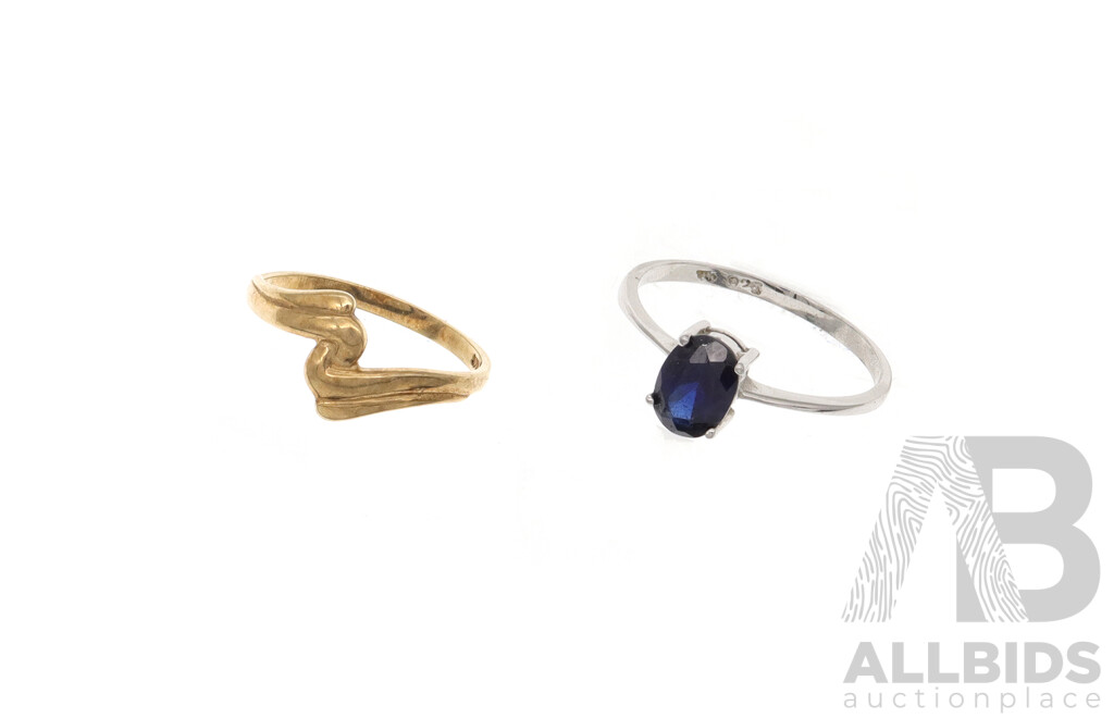 9ct Plain Yellow Gold Ring, Size N, 1.34 Grams & Sterling Silver Lab Sapphire Ring, Size M, 0.98 Grams