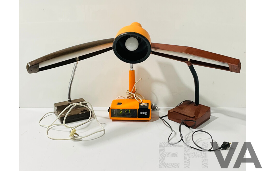 Collection Three Retro Desk  Lamps Comprising Brown Norax & Hanimex Examples Along with Orange Clotty Alarm Clock Based Example