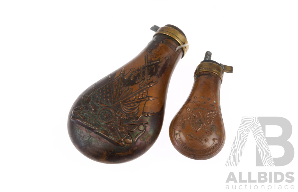 Two Antique Style American Pedersoli Copper and Brass Powder Flasks with Repoussed Detail