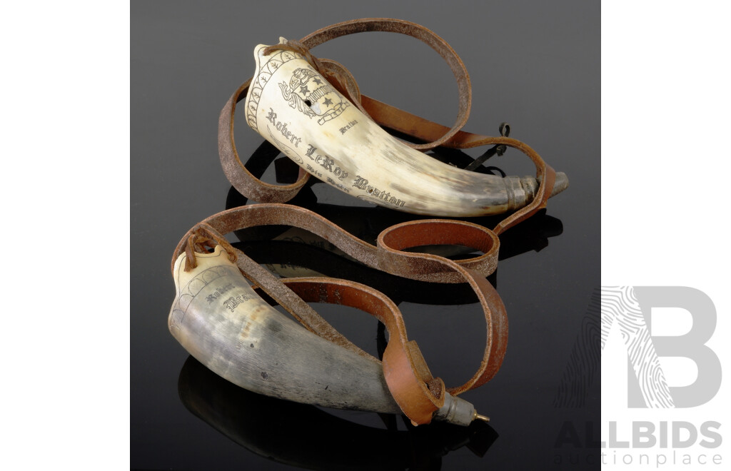 Two Antique Style American Powder Horns with Engraved Detail