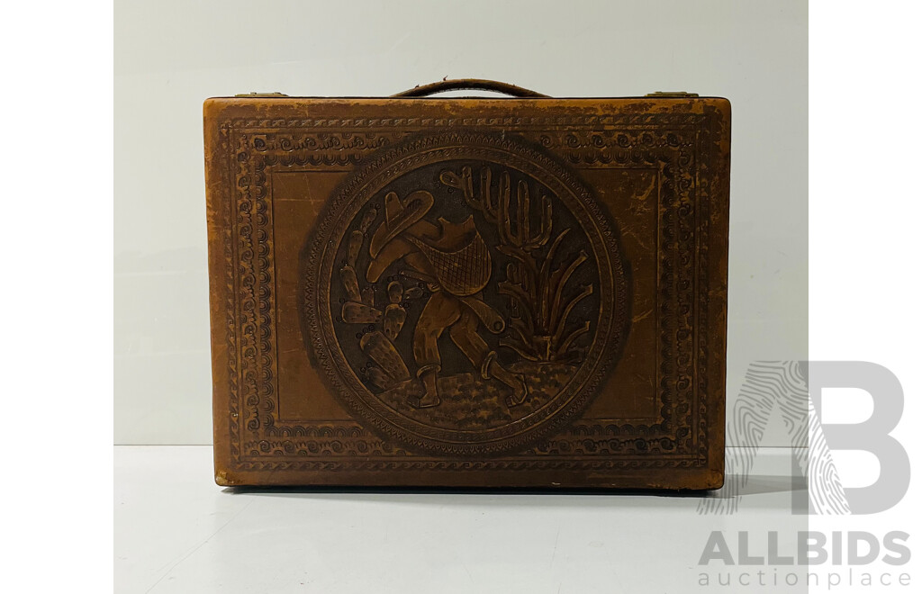 Vintage Leather Brief Case with Hand Engraved Mexican Themed Scene to Front