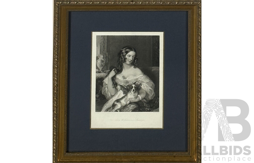 W H Mote After J Ross, Duchess of Cleveland, Born Catherine Lucy Wilhelmina Stanhope 1819 -1901, Playing with Hair and Dog on Lap, Steel-engraving, Circa 1850, 33.5 X 27.5 Cm (frame)