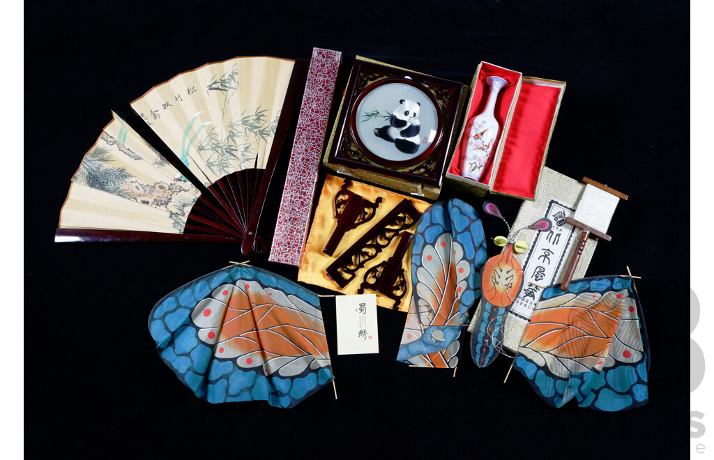 Collection Asian Items Including Hand Decorated Fan, Porcelain Vase, Shu Embroidery Panda in Wooden Frame & Hand Painted Silk Kite