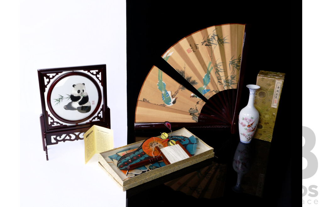 Collection Asian Items Including Hand Decorated Fan, Porcelain Vase, Shu Embroidery Panda in Wooden Frame & Hand Painted Silk Kite