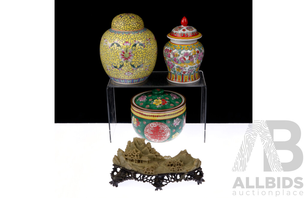 Collection Asian Items Comprising Two Famille Rose Lidded Ginger Jars Including Plum Shape Example, Carved Scholars Rock on Carved Stone Stand and More