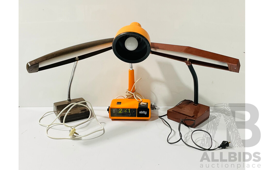 Collection Three Retro Desk  Lamps Comprising Brown Norax & Hanimex Examples Along with Orange Clotty Alarm Clock Based Example