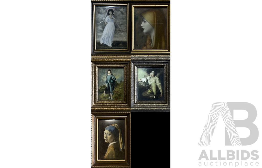 Collection of Five Embellished Miniatures of the Original Oils, Includes Vermeer's Girl with Pearl Earring and Henner's Fabiola, 12 x 11 cm (larger Frame) (5)