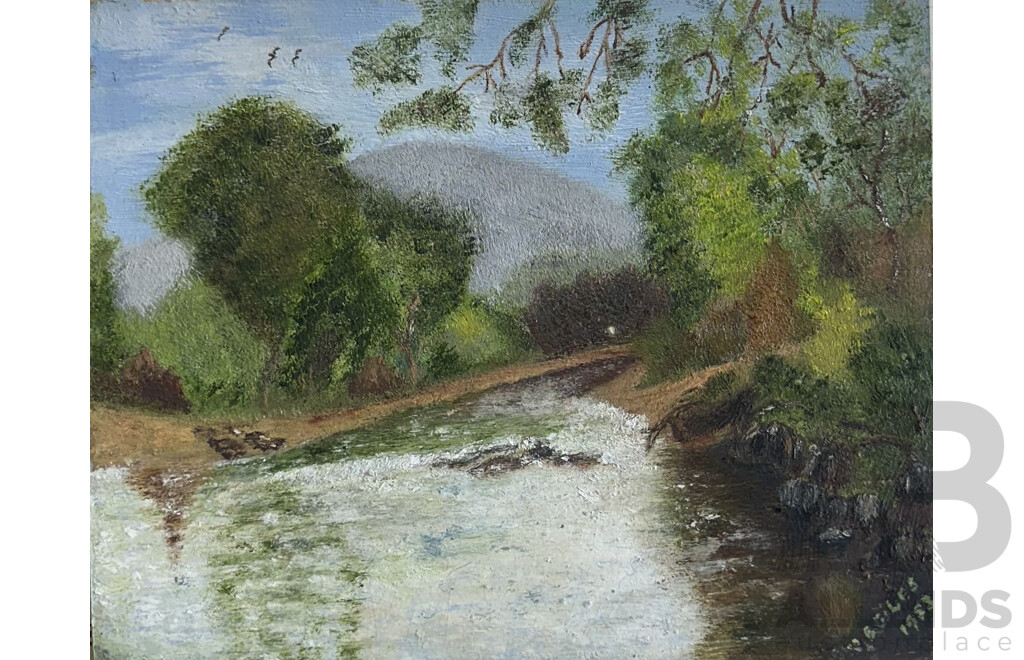 Artist Unknown, (Active 1980s), Country River, Sweet Study in Oil on Card, 20 x 25 Cm