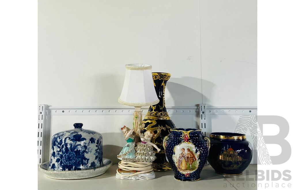 Collection of Decorative Porcelain and Other Houseware Including Sculpted Lamp Depicting Two Children Dancing and More