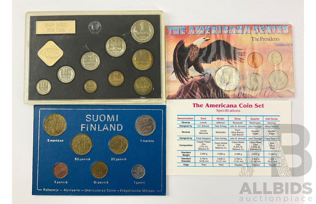 Three UNC Coins Sets Including Russia Leningrad Mint 1984 Nine Coin Set, Finland 1975 Seven Coin Set and USA Presidents Five Coin Set