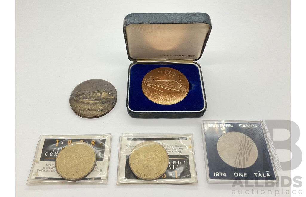 Two Australian 1988 Commemorative Five Dollar Coins with Two Royal Australian Mint Medallions and Western Samoa 1974 One Tala Coin