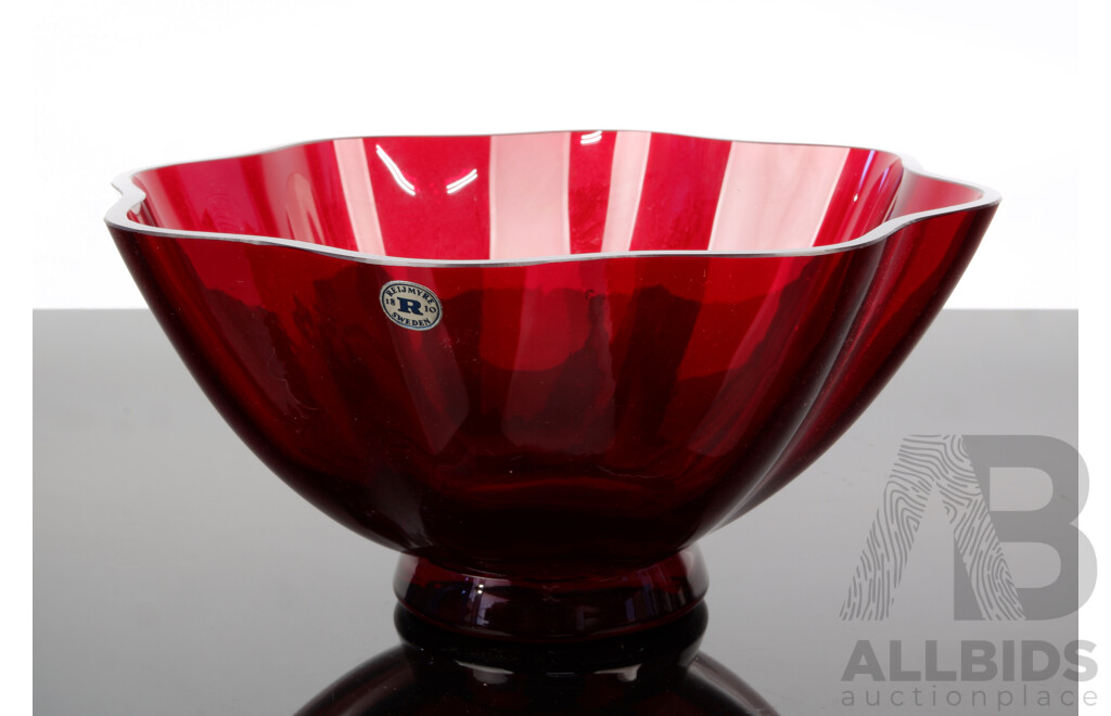 Mid Century Reijmyre Ruby Glass Bowl with Original Label