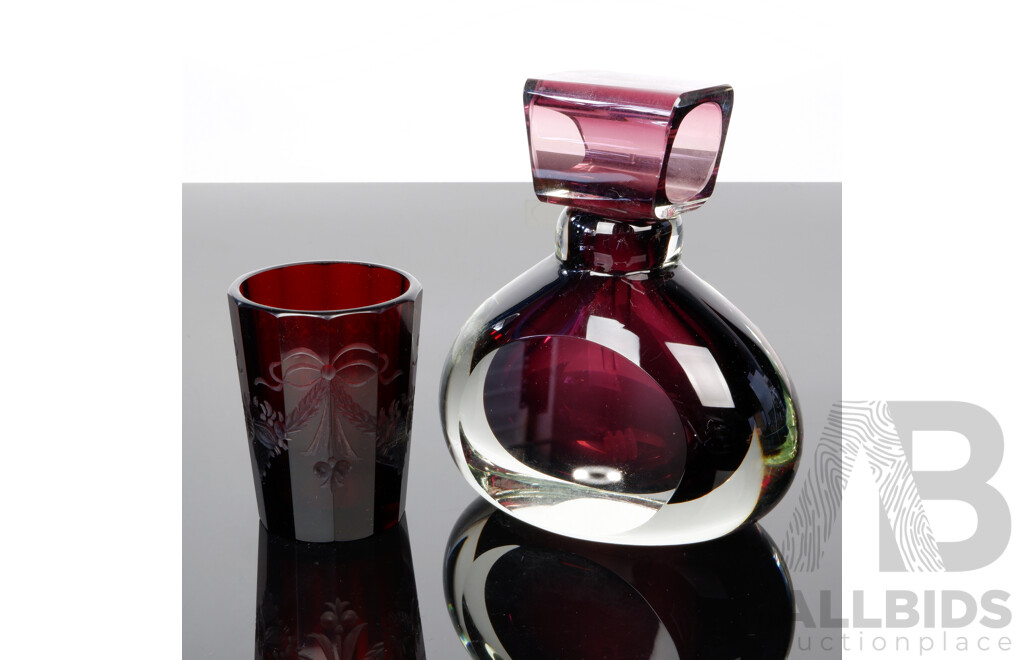 Vintage Heavy Ruby Glass Perfume Bottle with Stopper Along with Vintage Ruby Glass Tumbler with Engraved Garland Detail