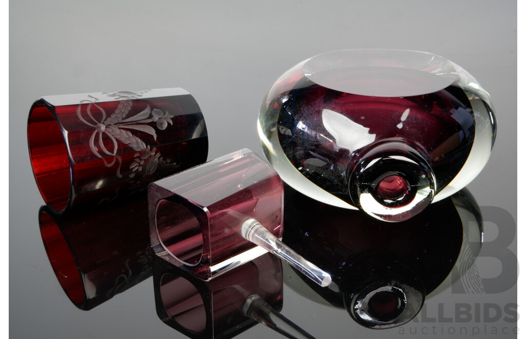 Vintage Heavy Ruby Glass Perfume Bottle with Stopper Along with Vintage Ruby Glass Tumbler with Engraved Garland Detail