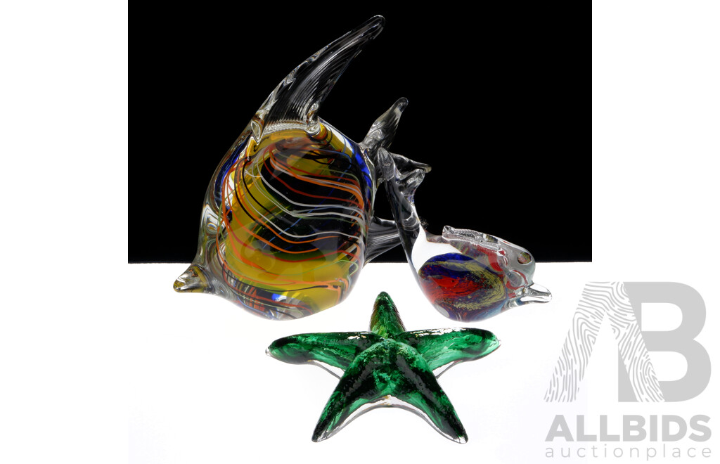 Two Mid Century Art Glass Fish and Art Glass Star Fish Figures with Internal Multi Coloured Swirl Detail