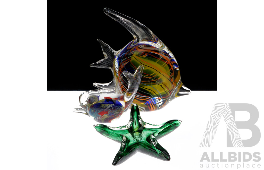 Two Mid Century Art Glass Fish and Art Glass Star Fish Figures with Internal Multi Coloured Swirl Detail