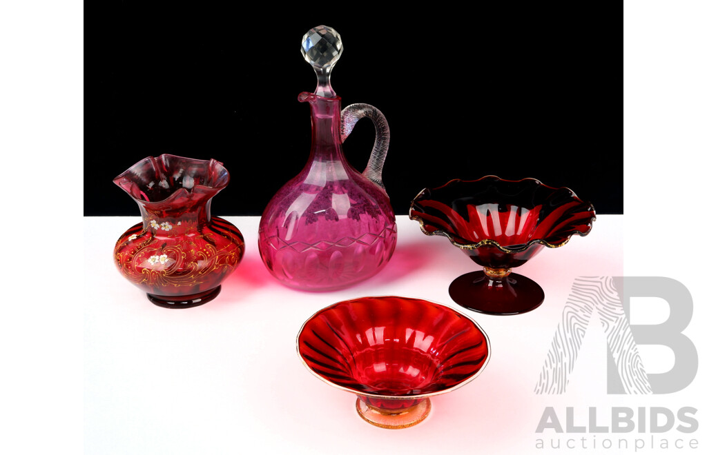 Collection Four Venetian Glass Pieces, Three with Gilt Detail, and Including Decanter with Twist Stem and Stopper