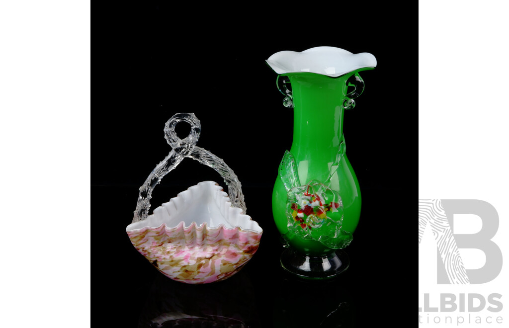 Two Retro Italian Mouth Blown Glass Pieces Including Basket Form Example