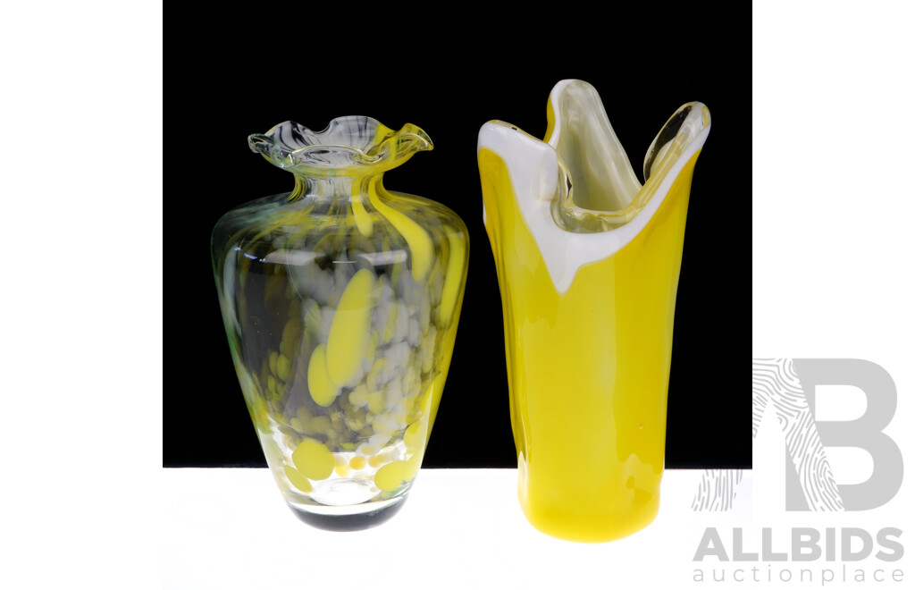 Two Art Glass Vases with Yellow Theme Including Handkerchief Example