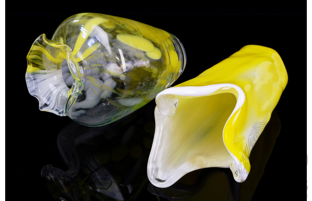 Two Art Glass Vases with Yellow Theme Including Handkerchief Example