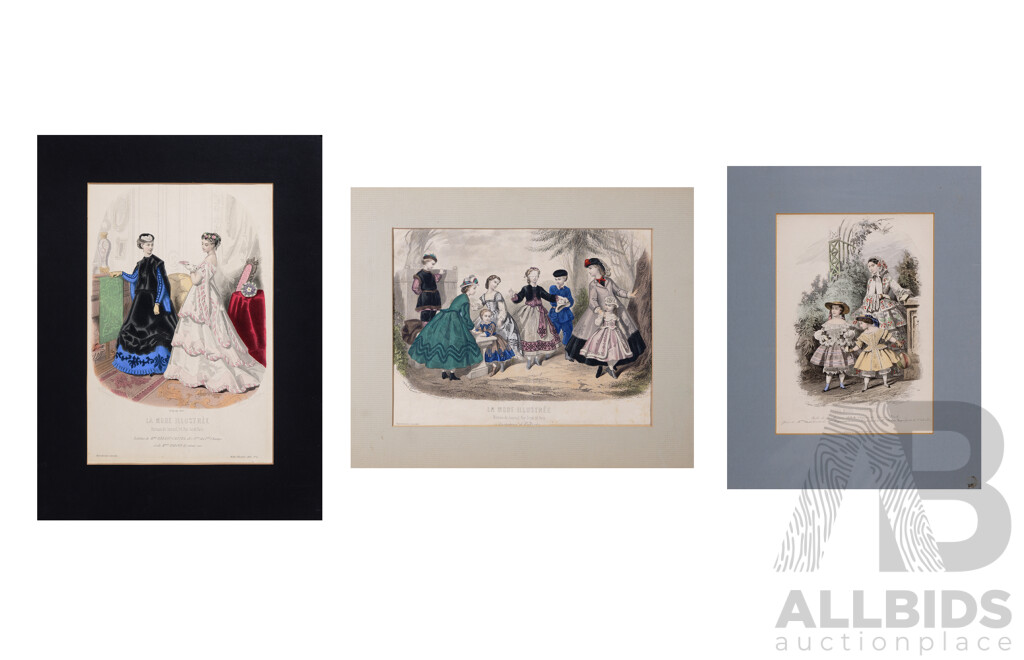 Set of Three La Mode Illustrée Fashion Plates, (Likely Produced Between 1860 - 1873), Lithographic Ink, Watercolour and Printing Ink on Paper with Mat Board, Unframed, 33 x 21  Cm (image largest)