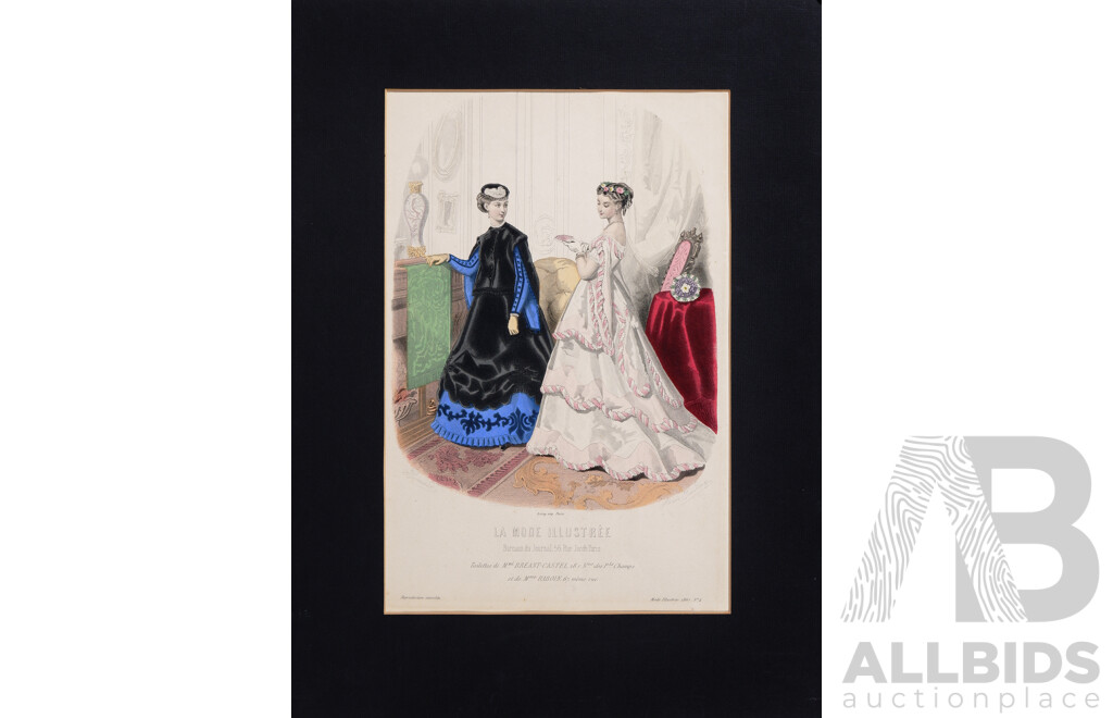 Set of Three La Mode Illustrée Fashion Plates, (Likely Produced Between 1860 - 1873), Lithographic Ink, Watercolour and Printing Ink on Paper with Mat Board, Unframed, 33 x 21  Cm (image largest)