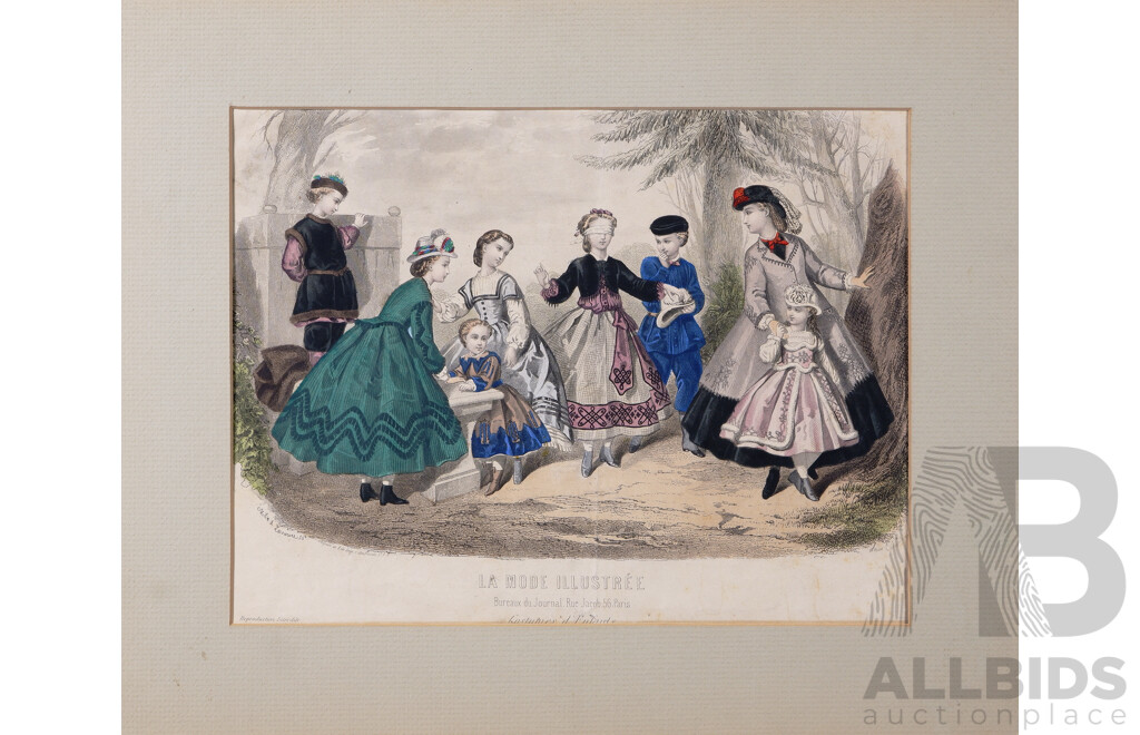 Set of Three La Mode Illustrée Fashion Plates, (Likely Produced Between 1860 - 1873), Lithographic Ink, Watercolour and Printing Ink on Paper with Mat Board, Unframed, 33 x 21  Cm (image largest)