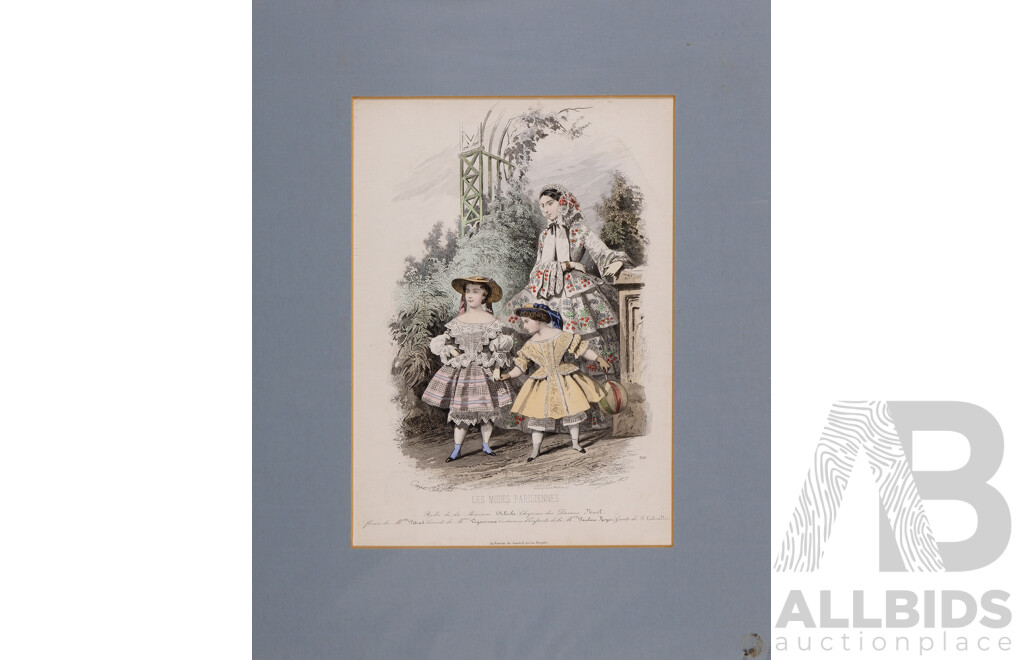 Set of Three La Mode Illustrée Fashion Plates, (Likely Produced Between 1860 - 1873), Lithographic Ink, Watercolour and Printing Ink on Paper with Mat Board, Unframed, 33 x 21  Cm (image largest)