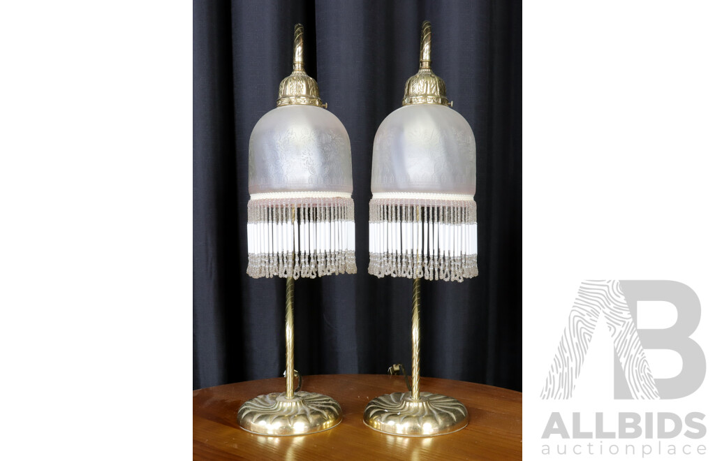 Pair of Brass Table Lamps with Glass Shades