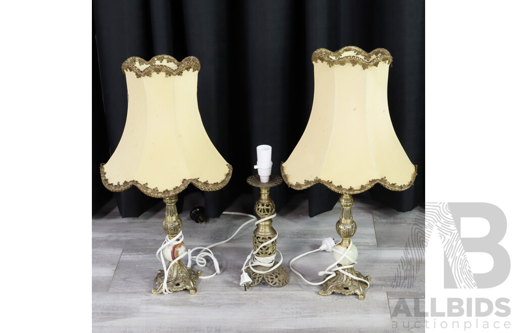 Pair of Brass and Onyx Table Lamps and Another