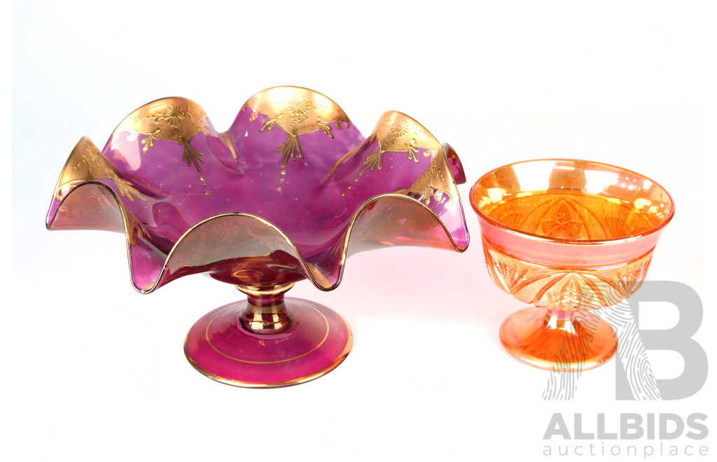 Antique Ruby Glass Gilded Centrepiece Comport Along with Marigold Carnival Glass Comport