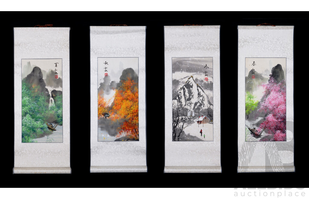 Japanese School, The Four Seasons, Unique Vintage Hanging Scrolls, Ink and Colour on Paper with Silk Backing, 44 x 21 cms (images) (4)