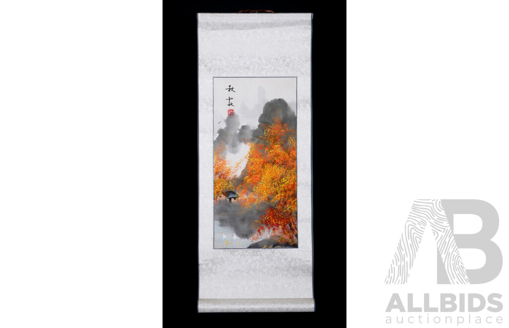 Japanese School, The Four Seasons, Unique Vintage Hanging Scrolls, Ink and Colour on Paper with Silk Backing, 44 x 21 cms (images) (4)