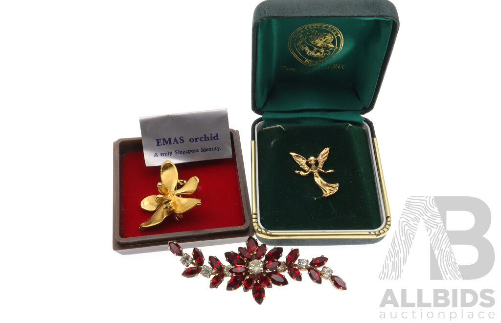 Collection of Vintage Gold Plated Brooch Pins Including EMAS Orchid From Singapore & Angel Tie Pin From the Perth Mint